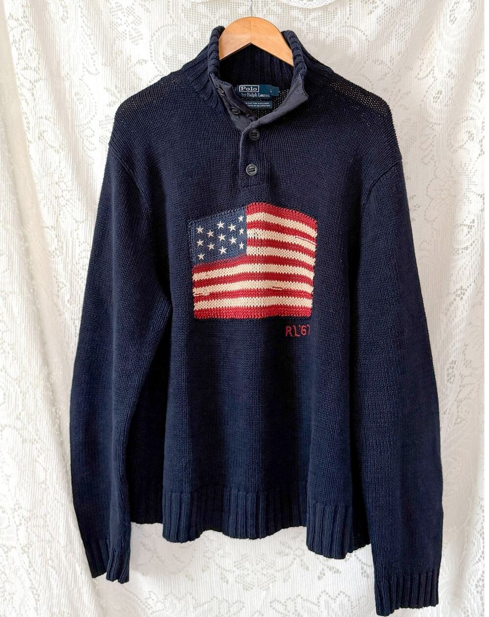 Vintage 00s Polo Ralph Lauren RL67 American Flag Cotton Linen Sweater XXL